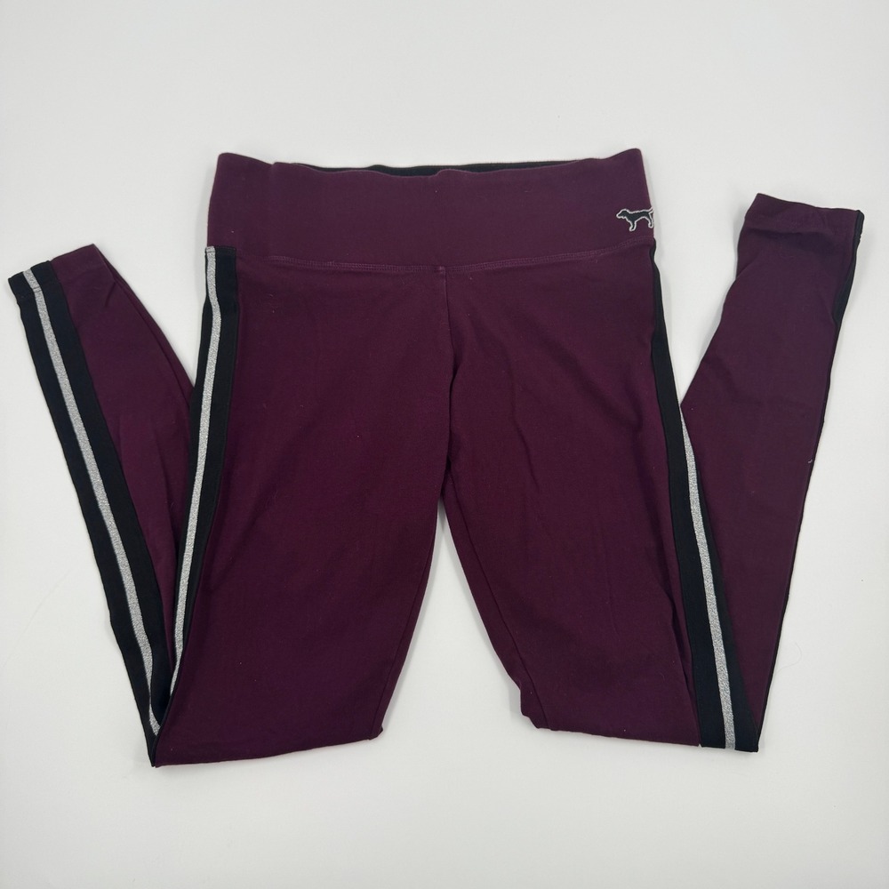 Victoria's Secret PINK Burgundy Yoga Leggings Black Silver Glitter Stripe Small
